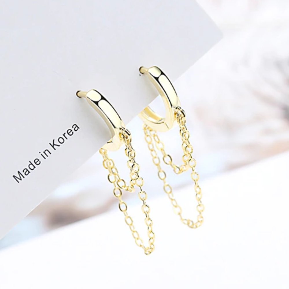 NEW Silver Gold Punk Style Double Layer Chain Hoop Earring - Picture 6 of 7